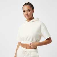 Ensemble 2 pièces pour femme : Sweat à capuche court à manches courtes et pantalon de survêtement en molleton crème, coupe droite, vente en gros