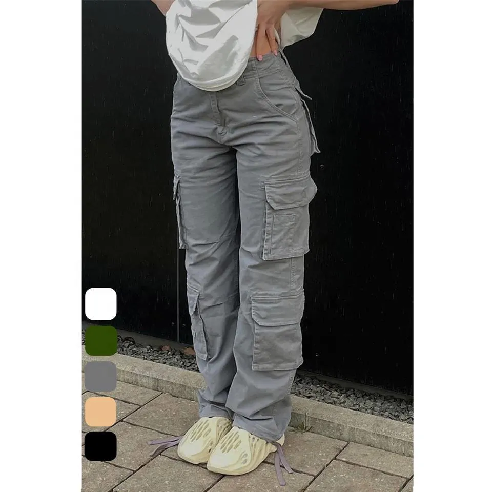 Women Function Solid Straight Loose Fit Cargo Trousers Wholesale Fashion High Quality Baggy 6 Pockets Cargo Pants