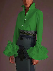 <span class=keywords><strong>Blusas</strong></span> y Camisas Casuales TP20 de Color Sólido con Mangas Acampanadas y Solapa Adornada con Lazo, Método de Tejido No Tejido - Product Image 5