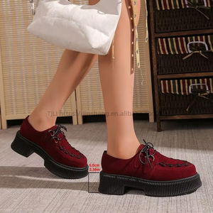 Suede Platform Shoes <b>Tie</b> <b>Back</b> Plus Size Autumn Women's Thick Sole Leopard British Style Low Ankle Flats - Product Image 3