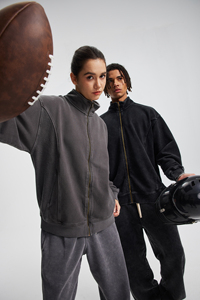 Sudadera con capucha de felpa francesa de algodón de 430 g/m² con cremallera YKK personalizada, de alta calidad, peso pesado, lavada, con patchwork, estampado DTG y bordado, cuello alto. - Product Image 2