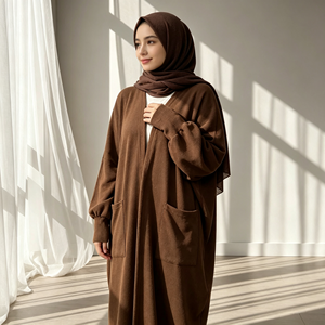 Manteau Abaya ouvert en coton chaud d'hiver avec poches, vêtements décontractés pour femmes musulmanes, couleur unie, manches longues (1997) - Product Image 5