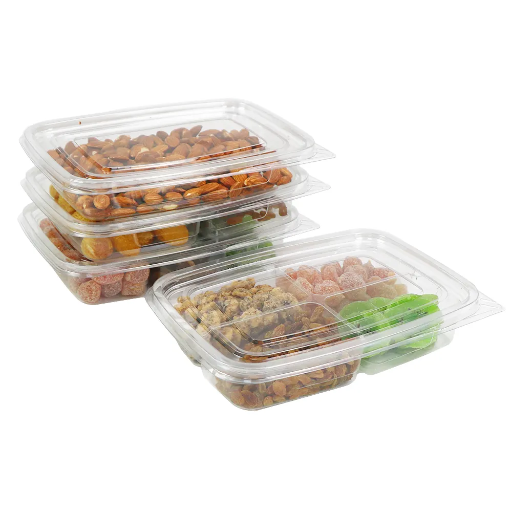 Recipientes de plástico com dobradiças transparentes Recipientes para embalagem de salada de frutas frescas Recipiente com dobradiças por atacado