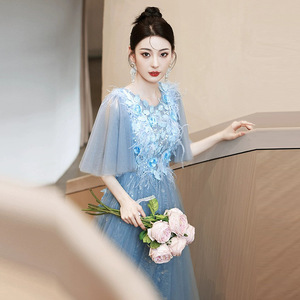 Blue Feather Evening Gown Scoop Neck Empire Waist 3D Floral Print For Coming Of Age Ceremony - Product Image 1