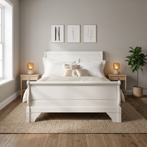 French White Vintage Sleigh <b>King</b> <b>Size</b> Solid Wood Mahogany Foldable Transitional Nisa Furniture Home <b>Bed</b> Bedroom Furniture - Product Image 3