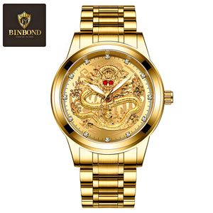 Binbond Golden Dragon Watch Men's Quartz Analog 50m Waterproof Stainless Steel <b>Bracelet</b> Diamond <b>Ruby</b> Face Fashionable - Product Image 5