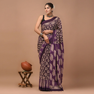 Sari de Algodón Mulmul Estampado con Blusa a Juego, Sari de Algodón Mulmul Ligero y Elegante - Cómodo para Uso Diario - Product Image 1