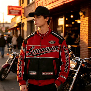 OEM ODM Wholesale <b>Vintage</b> Heavy Embroidered Letterman Varsity <b>Jacket</b> Custom Design Fabric <b>Motorcycle</b> Style Bomber Coat - Product Image 5