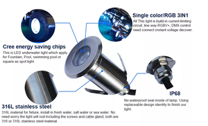 316L Stainless Steel Waterproof IP68 RGB 3W LED Recessed <strong>Underwater</strong> <strong>Light</strong> for Swimming Pool and Landscape Use 12V Dimmable - Product Image 5