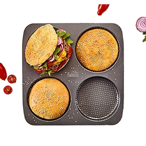 Moule à <span class=keywords><strong>pain</strong></span> à <span class=keywords><strong>hamburger</strong></span> <span class=keywords><strong>de</strong></span> 5 pouces en acier au carbone antiadhésif, écologique, compatible four, pour 4 pains à <span class=keywords><strong>hamburger</strong></span> faits <span class=keywords><strong>maison</strong></span> - Product Image 2