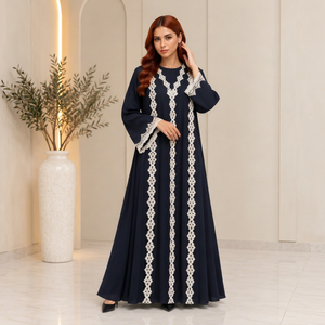 Abaya pour femme bleu marine en dentelle brodée, manches longues, coupe ample, longueur ras du sol, robe islamique modeste, vente en gros EAU OEM ODM - Product Image 1