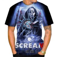 Scream Film 3D-Gedrucktes Strick-T-Shirt für Herren Kurzarm 100% Polyester Regular Fit Lässiges Horror-Geister-Design Sommer-Mode
