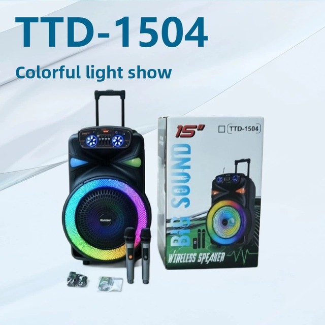 TTD-1504 15 Inch Portable Wireless Speaker Trolley Dual Mic RGB LED Plastic Mobile Sound System for Outdoor Party