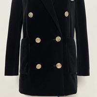 Blazer mi-long en velours noir élégant pour femme, automne-hiver