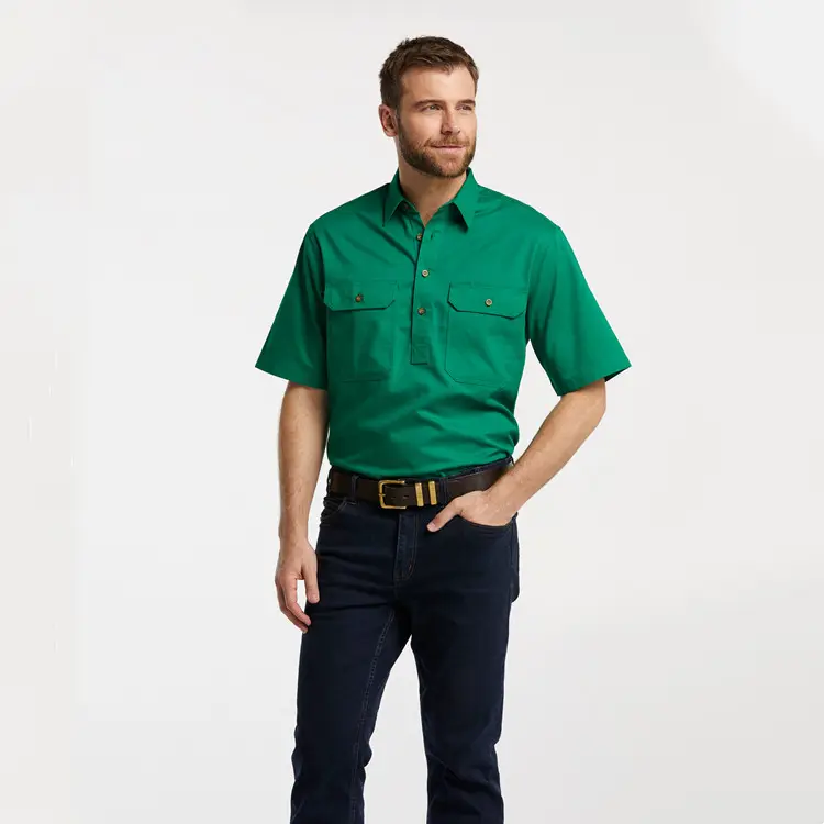 Summer custom clothes red work shirts for men regular fit button down short sleeve industrial cargo shirt