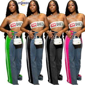 Nuovi Arrivi 2024: <span class=keywords><strong>Jeans</strong></span> da <span class=keywords><strong>Donna</strong></span> a Gamba Larga, Vita Alta, con Patchwork a Righe, Pantaloni Dritti in Denim - Product Image 1