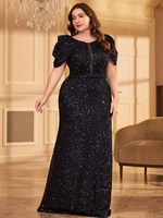 Robe longue de soirée/mariage haut de gamme pour femme grande taille, à manches courtes, en maille patchwork et sequins, avec fermeture éclair