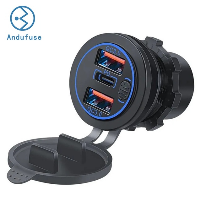 Waterproof USB Socket 12-24V 66W PD and QC3.0 with Car Charger Switch and LED Light Recessed for Vehicle Boat Truck Caravan Car