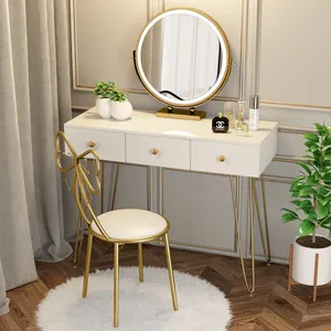 Coiffeuse en métal, meubles simples et modernes, avec tabouret et miroirs, Table de toilette