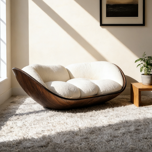 Divano da Terra Curvo in Legno di Lusso, <span class=keywords><strong>Design</strong></span> <span class=keywords><strong>Moderno</strong></span> per <span class=keywords><strong>Soggiorno</strong></span> con Comoda Rivestitura in Tessuto e Base in Legno Resistente - Product Image 4