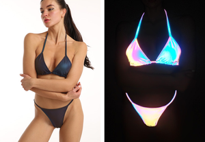 Personalizado caliente Sexy triángulo superior hebilla Slim Fit dos piezas tubo brillante reflectante playa ropa casual traje de baño conjunto traje de baño Bikini - Product Image 4