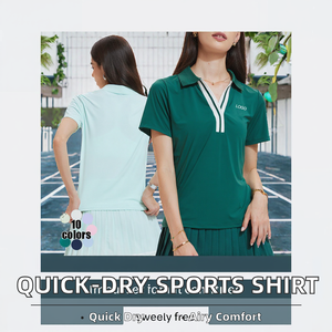 Camisetas Deportivas Transpirables de Secado Rápido al por Mayor, Nuevas, de Spandex/Nylon para Mujer, Manga Corta, Cuello Camisero, para Senderismo, Fitness, Tenis - Product Image 2