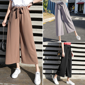 Wide Leg Pants High Waist <b>Drawstring</b> Breathable Cropped Casual Women's <b>Trousers</b> Street Style Korean Fashion - Product Image 1