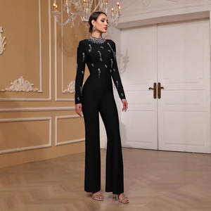 Tuta Elegante da Donna con Strass, Maniche Lunghe, Gamba a Zampa, Nera, Resistente e Sexy - Product Image 2