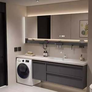 Meuble-lavabo mural moderne en bois flottant avec un seul lavabo, en chêne gris, unité de rangement pour salle de bain - Product Image 3