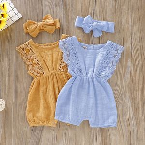 Combinaison d'été pour bébé fille, vêtements pour nouveau-né, barboteuse à manches évasées unie avec dentelle, combinaison pour bébé avec bandeau - Product Image 5