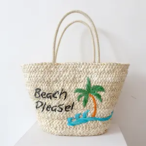 2022 new cute design embroidery coconut tree beach straw bag fashion simple hand-woven women's bag corn fur straw bag