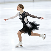 Robe de patinage asymétrique noire et blanche pour enfants et adultes, à manches longues en maille, avec strass et plumes, pour spectacle de patinage artistique