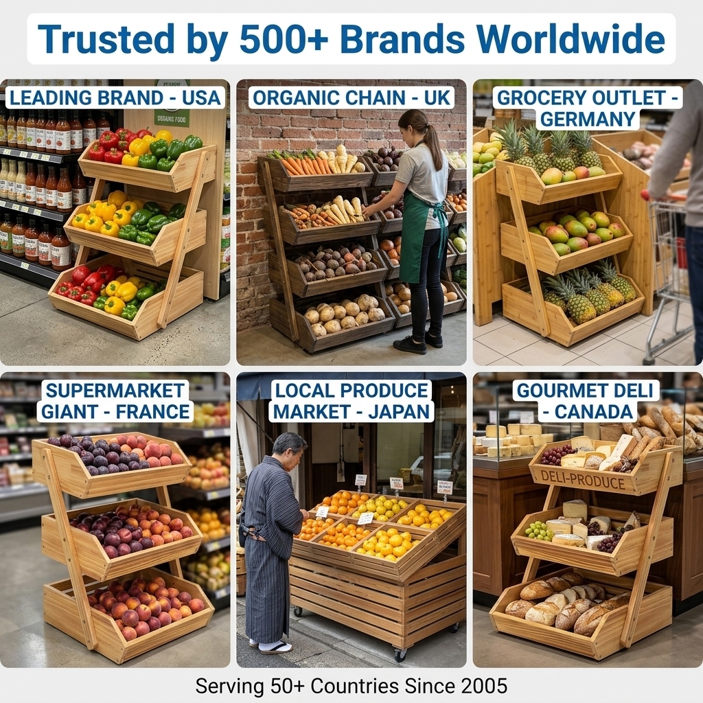 Wooden Fruit Vegetable Display Stand Produce Rack Farm Stand Organic Market Grocery Bakery Basket 3 Tier Countertop POS Logo FSC — view 6