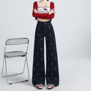 Denim màu xanh, quần jean ỐNg RộNg Thêu anh đào dành cho phụ nữ-một thiết kế phổ biến nhưng độc đáo của quần ống đứng lỏng lẻo. - Product Image 4