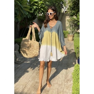 Robe Bohème Dégradée en Mousseline pour Femme, Col V, Manches Longues, Ourlet Volanté, Coupe Ample, Longueur Midi, Tie-Dye, Respirante, Écologique, Tenue Décontractée d'Été - Product Image 1