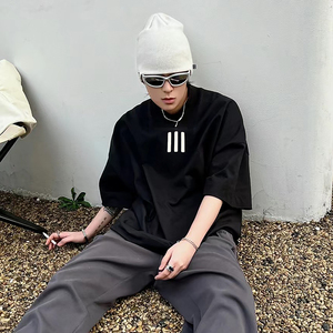 Summer New Trendy Three Bars T-Shirt Men Neck Short Sleeved Oversized Heavyweight High Quality Silk Puff Streetwear Screen - Product Image 5