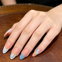 Lot de 24 faux ongles à presser en amande, bleu océan dégradé, motif vague d'eau 3D, coquillage et feuille d'or, couverture complète en ABS