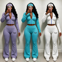 Ensemble 3 pièces Y2K personnalisé avec logo pour femme : veste zippée, leggings de yoga évasés et bandeau assorti – Survêtement extensible OEM ODM