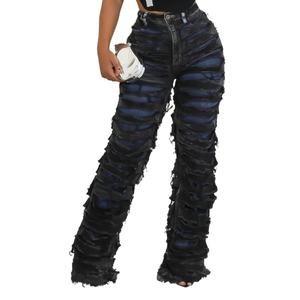 Nuevos Jeans de Mujer de Pierna Recta, Cintura Alta, Doble Capa, Efecto Desgastado, Corte Holgado, a la Moda - Product Image 1