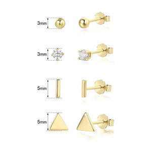 Lot de 4 boucles d'oreilles mini géométriques en argent sterling S925, style Ins, avec diamants à quatre griffes, triangles et rondes, pour usage quotidien - Product Image 5