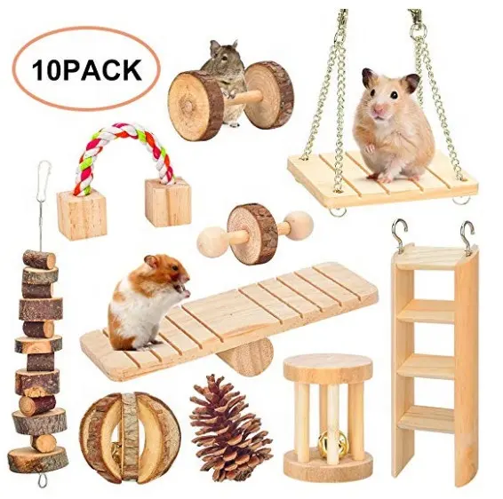 Criceto Giocattoli di Masticazione Gerbil Rat Guinea Pig Cincillà Giocattoli di Masticazione Accessori In Legno Naturale Manubri Esercizio Campana Rullo