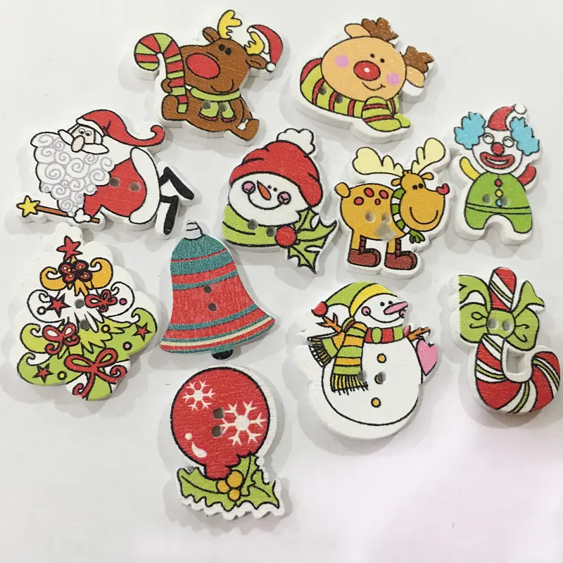 Eco-friendly Wood Pendants Xmas Elk Clown Snowman Decorative Buttons For Christmas Tree Hanging Decoration