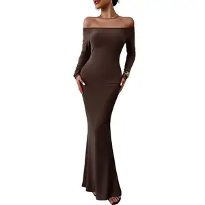 Mode Dames Kleding Jurk Lange Mouw Off Shoulder Strakke Lange Getailleerde Maxi Jurken