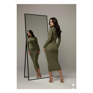 Robe crayon à col roulé côtelée vert olive pour femme, manches longues, longueur midi, grande taille, tenue de soirée - Product Image 3