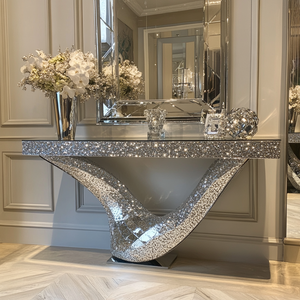 Table <span class=keywords><strong>Console</strong></span> élégante <span class=keywords><strong>en</strong></span> <span class=keywords><strong>verre</strong></span> semi-circulaire à carreaux Offre Spéciale de <span class=keywords><strong>haute</strong></span> qualité argent scintillant miroir diamant Table de couloir salon - Product Image 2