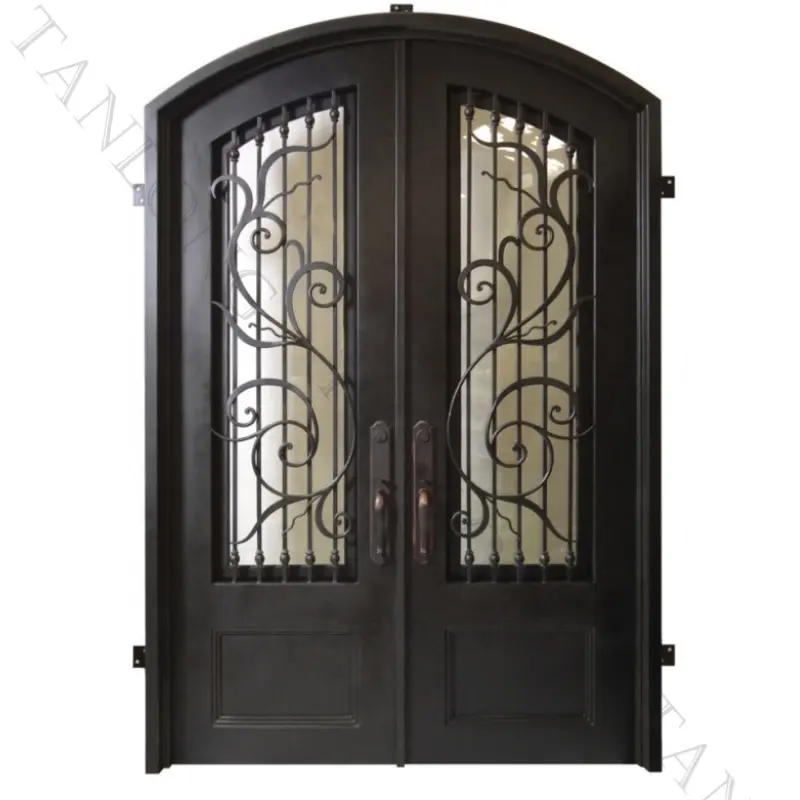 Tanlong Duplo Ferro Forjado Galvanizado Forjado Vidro Temperado Grille Design Casa Entrada Porta