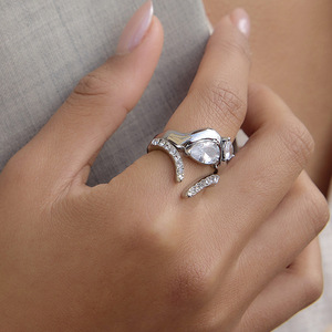 <b>Open</b> <b>Ring</b> With White Diamond Lines Geometric Stainless Steel Women's Jewelry Gift Pave Setting - Product Image 3