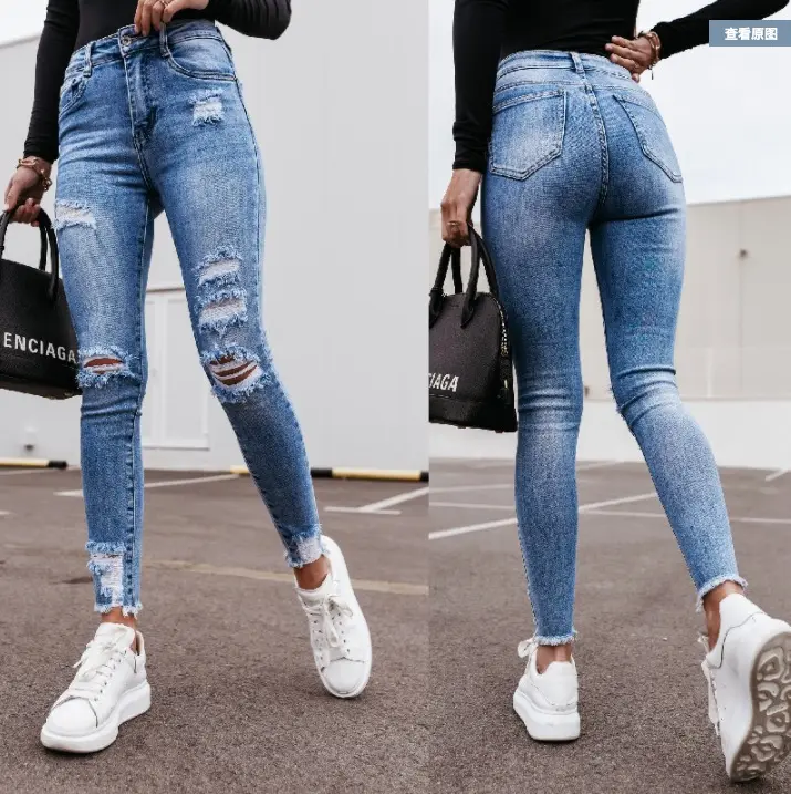 2022 Female high waist street distressed slim denim jeans italian womens slim tight stretch skinny rips holes pants