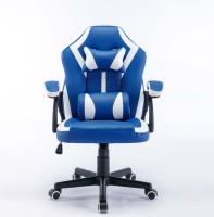 Chaise de bureau ergonomique personnalisée OEM, chaise de jeu pivotante en cuir PVC bleue avec roulettes