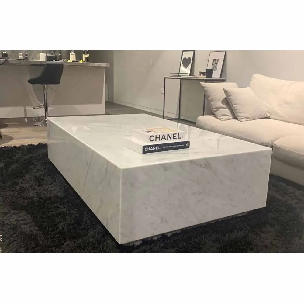 Canapé de salon Bianco moderne de luxe socle cubique Table basse en marbre Tables basses en marbre de Carrare blanc naturel